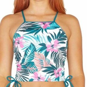 Hurley White Tropical Floral High-Neck Tank Swim Top with Teal Straps